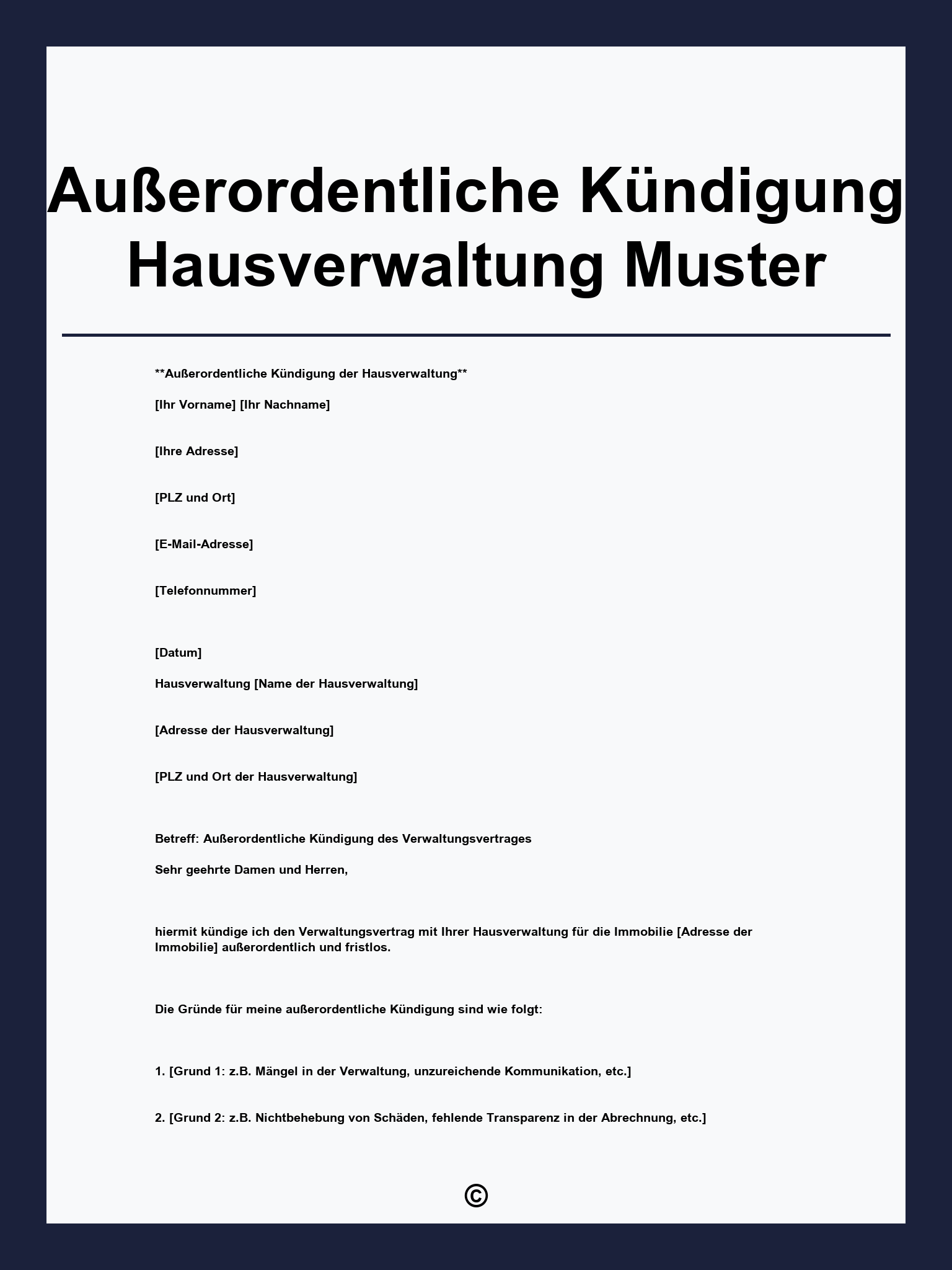 Außerordentliche Kündigung Hausverwaltung Muster