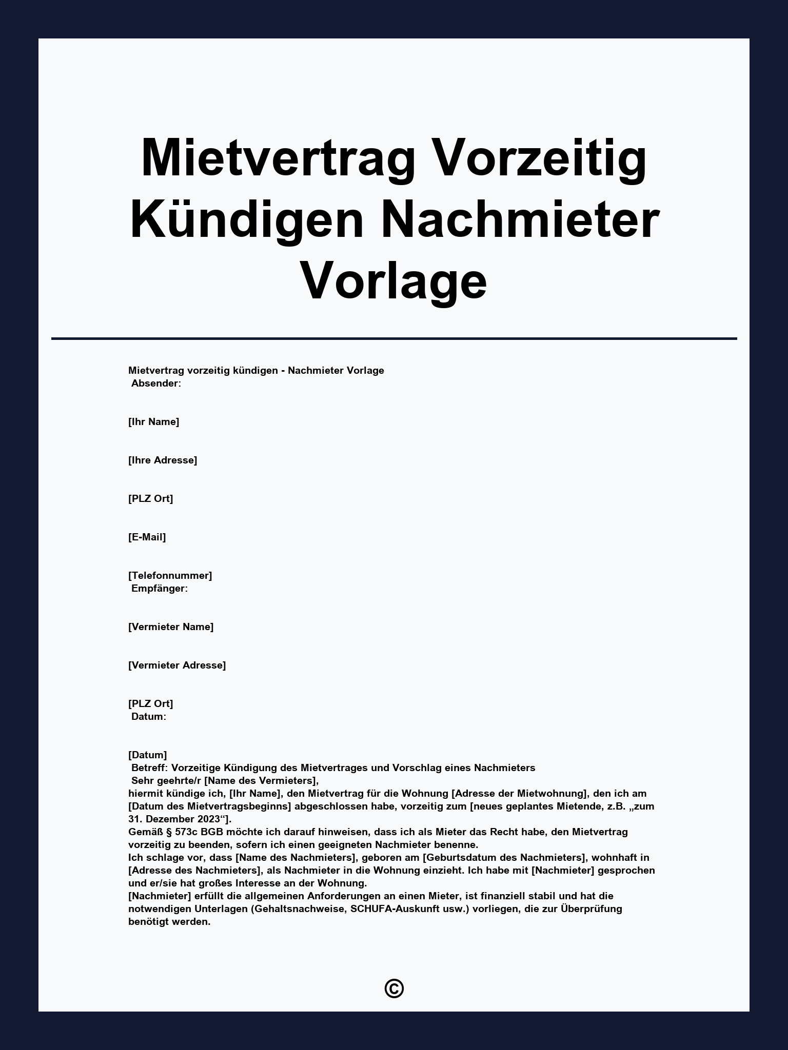 Mietvertrag Vorzeitig Kündigen Nachmieter Vorlage