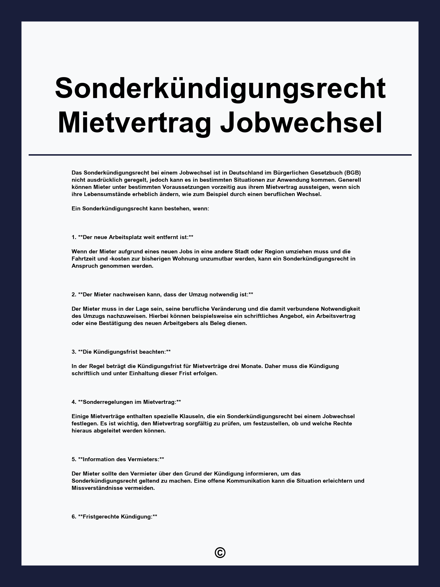 Sonderkündigungsrecht Mietvertrag Jobwechsel